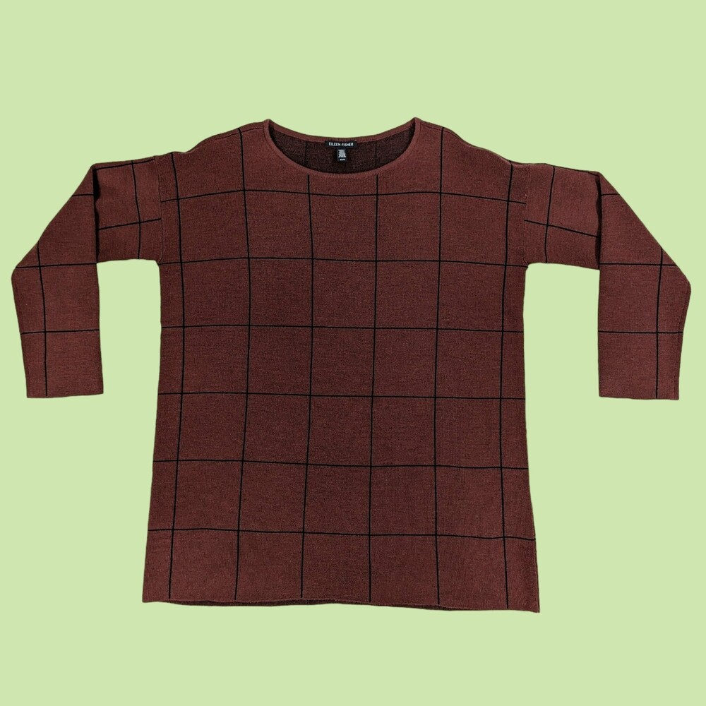 Eileen Fisher  Sweater XS 100% Merino Wool Windowpane‎  Brown Women's - Picture 3 of 5